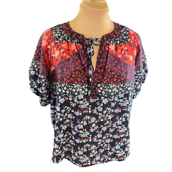 Loft 100% cotton patchwork floral boho lightweight cotton puff sleeve blouse - Picture 4 of 11